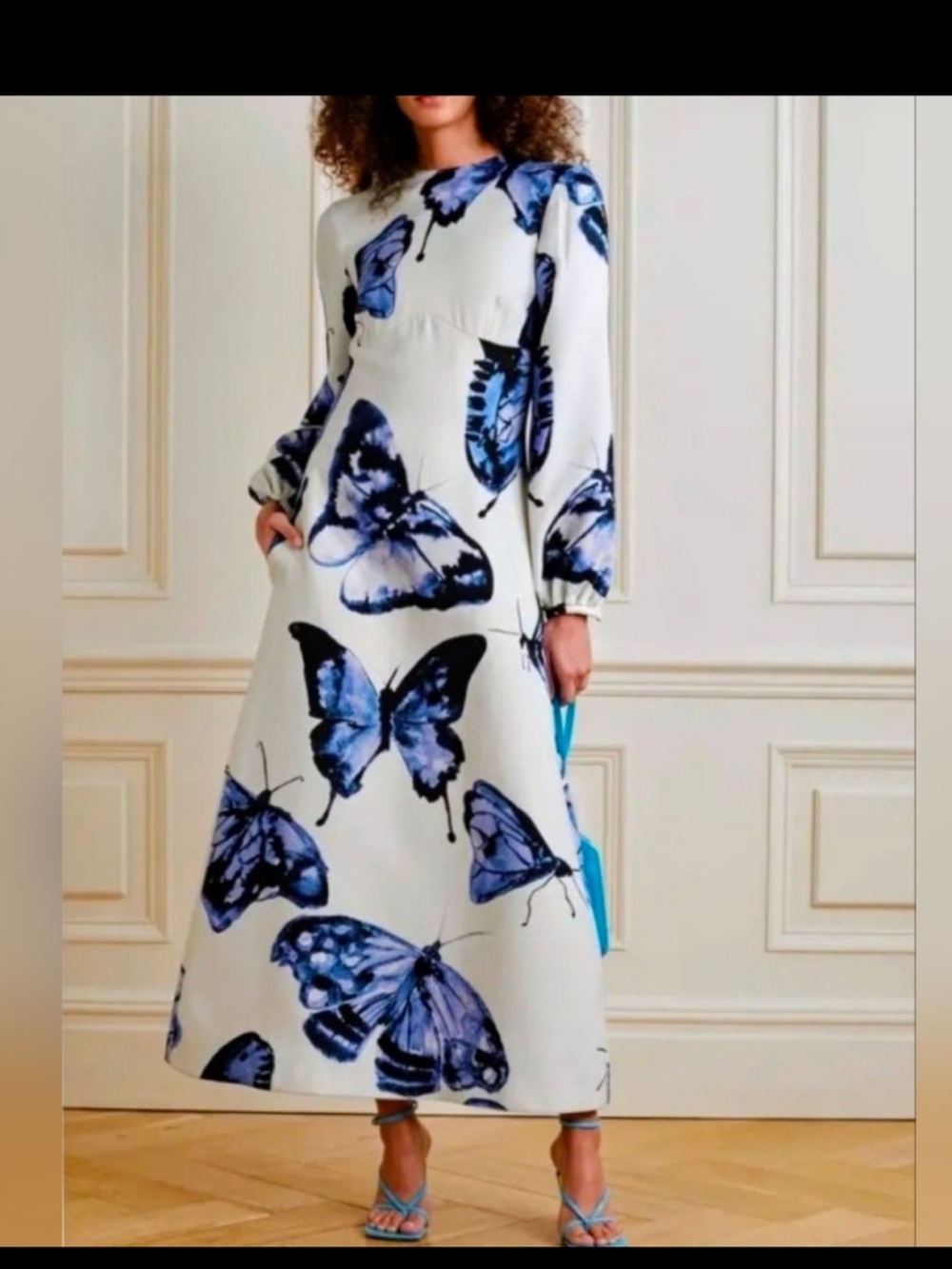 Brandon Maxwell White Midi Dress with Blue Butterfly Print